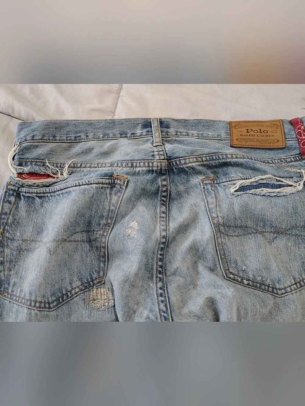 Polo Ralph Lauren Varick Slim 32x32 Distressed Patchwork Light Wash Jeans